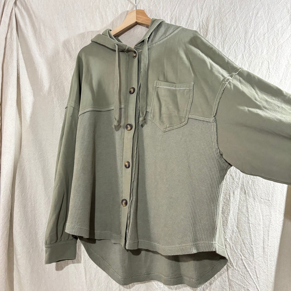 American Eagle Lived-In Mixed Waffle Knit Button Down Hoodie Olive Green L/XL